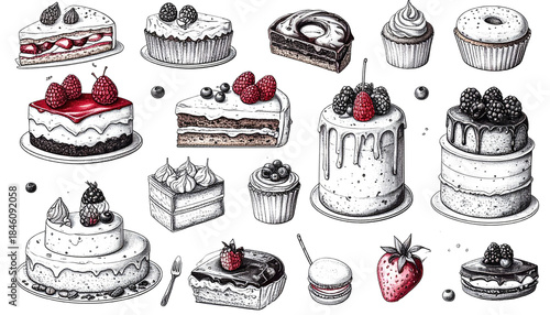 Assortment of baked goods, including cakes, cupcakes, and tarts, in a black and white illustrated style. Some have colored berries