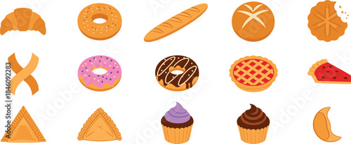 Bakery and dessert icon illustration set with bread, donuts, cupcakes, pies and pastries in colorful flat style