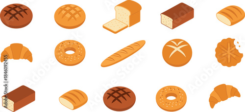 Bakery bread and pastry illustration set with loaf, baguette, croissant, bun and donut icons for food design