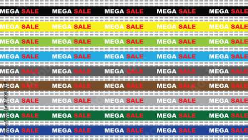 PrDynamic "MEGA SALE" striped ribbons forming a seamless pattern, suitable for retail and advertising.int