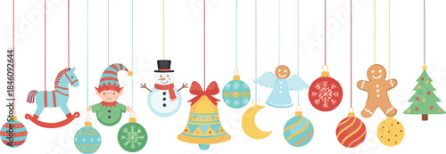 Christmas hanging ornaments illustration set with baubles, gingerbread, snowman, bell, angel and festive holiday decorations