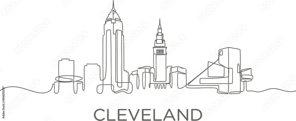 Naklejka premium Cleveland Ohio city skyline single continuous line drawing vector