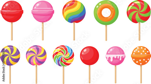 Colorful candy lollipop illustration set with sweet dessert treats, round shapes and vibrant patterns for kids and party design