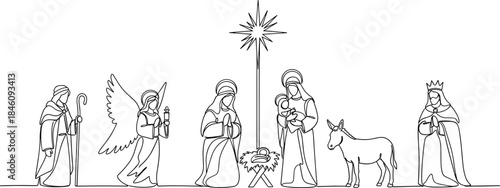 Continuous Line Drawing Nativity Scene, Holy Family Christmas Manger Birth of Jesus Christ with Angel Shepherd Wise Men Star of Bethlehem Vector Outline Illustration, Religion Holiday Design.