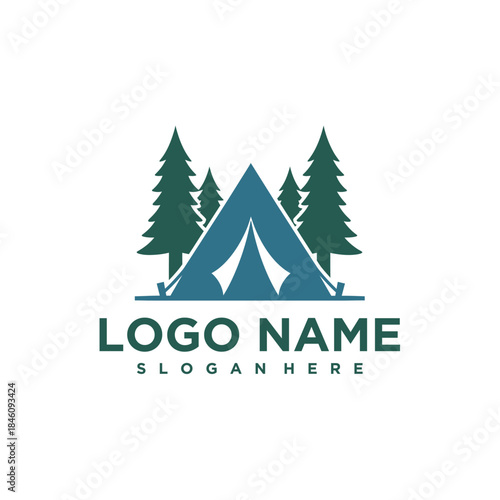 Camping tent logo design with pine trees for outdoor adventure and nature brand identity