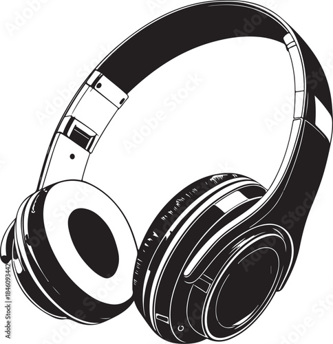 Earphones Headphones Hand-drawn Sketch Drawing Vector Illustration, Line Linear Symbol Engraving Coloring Book, Black and White Isolated