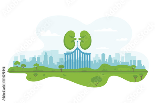 Kidney health concept with green kidneys over city park landscape
