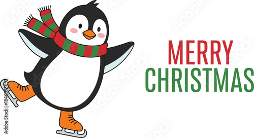 Cute penguin ice skating Merry Christmas vector illustration design; festive holiday season character wearing a warm striped scarf and bright orange skates; joyful winter celebration