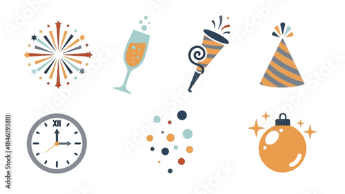 A collection of festive icons for New Year's Eve celebrations, including fireworks, champagne, party hat, and clock.