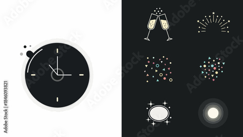 A graphic illustration featuring a black clock counting down to midnight and various celebration elements like champagne glasses, fireworks, and confetti.