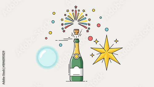Champagne bottle popping cork with colorful confetti and sparkling stars, celebrating a festive occasion.