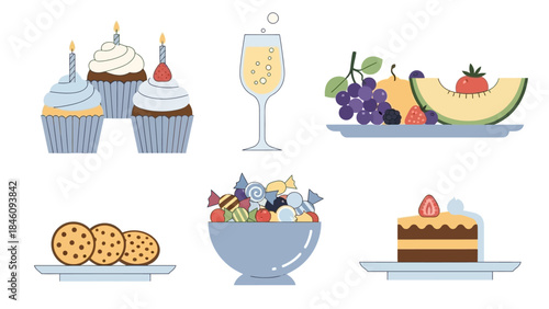 A collection of various sweet treats, desserts, fruits, and a glass of champagne, perfect for a celebration or party.