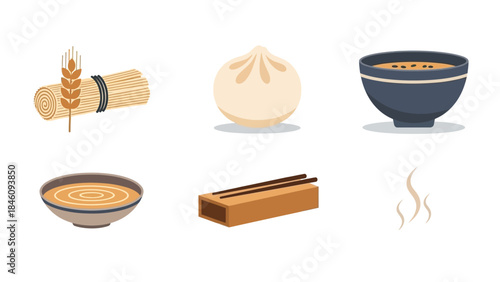 A collection of Asian food items including a steamed bun, bowls of soup, chopsticks, and wheat stalks, representing various culinary elements.