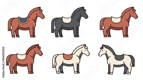 Six cartoon horses in various colors, each with a saddle, standing in a row.