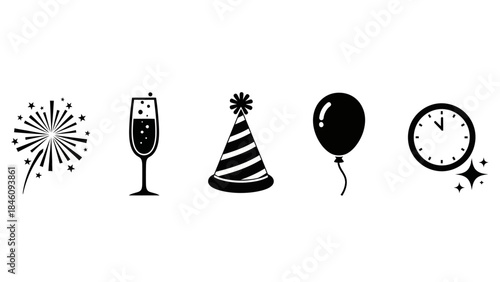 Five black and white icons representing New Year's Eve celebrations, including fireworks, champagne, a party hat, a balloon, and a clock striking midnight.