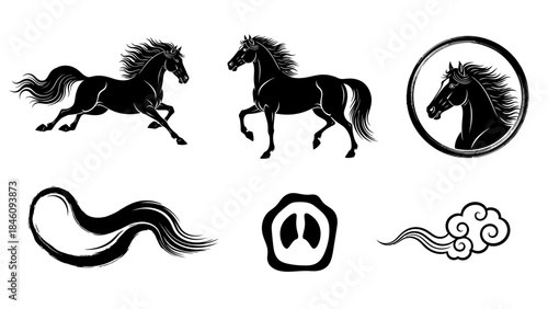 Black silhouettes of running and standing horses, a horse head in a circle, and traditional Asian decorative elements like clouds and brush strokes.
