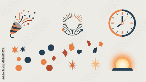A collection of festive graphic elements including a party popper, clock, and various confetti shapes, symbolizing celebration and time.