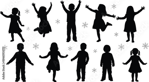 Happy children silhouette jumping, dancing, and playing in the snow with blue snowflakes, celebrating winter holidays, seasonal joy, and carefree fun outdoors vector illustration set.