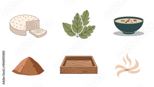 A collection of food-related items including cheese, herbs, soup, and spices, with a wooden tray and steam.