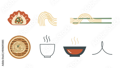 A collection of minimalist icons representing various aspects of Asian cuisine, including dumplings, noodles, and steaming bowls, in a clean, modern style.
