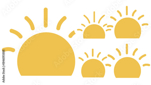 Stylized yellow sun icons with radiating rays, depicting a sunrise or sunset motif in a simple graphic design.