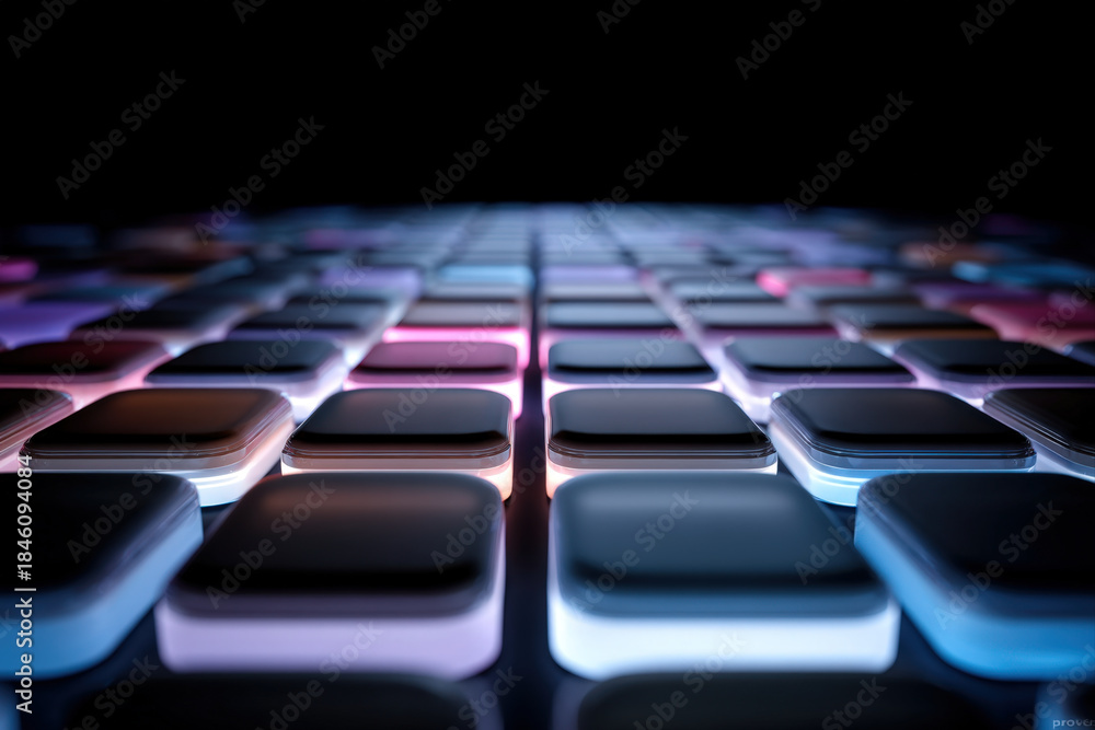 Obraz premium Isometric grid of glowing tiles with alternating brightness on dark blue background