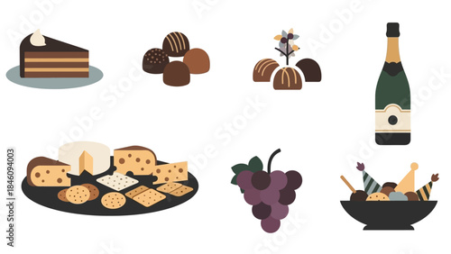 Gourmet Delights: Assortment of indulgent sweets and savories, featuring a slice of decadent cake, handcrafted chocolates, fine cheeses, ripe grapes, and a bottle of sparkling champagne.