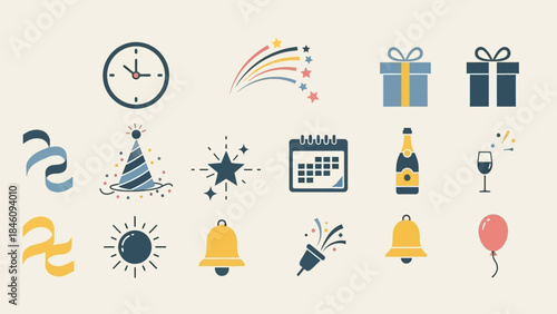 New Year's Celebration: Festive icons representing the joy, excitement, and anticipation of a New Year's celebration, filled with joy, hope, and new beginnings.