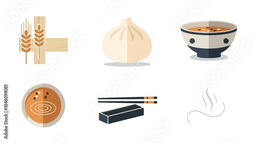 Savory Asian Culinary Delights: An array of appetizing Asian cuisine, featuring a dumpling, chopsticks, bowl, steam and ingredients that evokes the aromatic essence of Asian food culture.