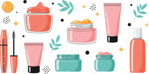 Cosmetic beauty products illustration set with skincare jars, cream tubes, mascara and bottles in modern flat pastel style