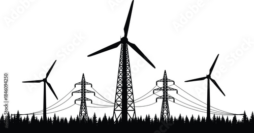 Sustainable wind farm energy generation and high-voltage electricity transmission network silhouette over dark forest landscape vector illustration, showcasing renewable power infrastructure and green