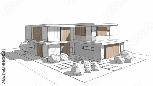 Modern Two Story House Architectural Sketch with Landscaping Elements.