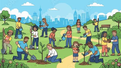 Diverse group of people planting trees in a park setting.
