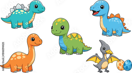 Cute baby dinosaur cartoon character set with colorful prehistoric animals and eggs for kids illustration and game design