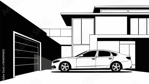 Modern Sedan Parked Next to Contemporary House and Garage.