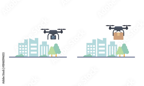 空撮ドローンと配送ドローンが飛ぶ街並みのイラスト – 都市テクノロジーと物流