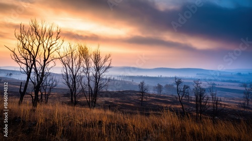 Sunset over a windswept field with bare trees, golden grasses, and distant hills fading into mist. Quiet dusk