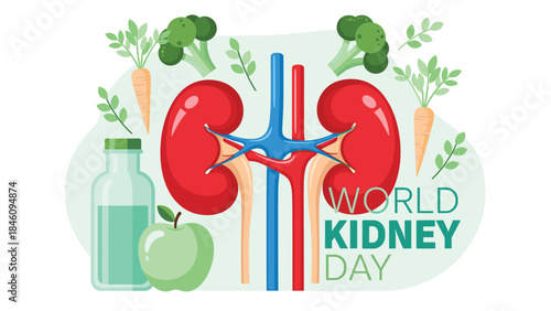 World Kidney Day illustration with healthy lifestyle elements