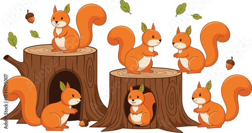 Cute cartoon squirrel character set with tree stumps, acorns and autumn leaves, playful forest animal illustration for kids