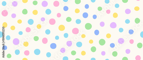 Cute birthday polka dot seamless pattern. Colorful repeated round confetti background. Pastel dotted wallpaper for Easter wrapping paper, birthday decoration design, kid bday nursery decor. Vector