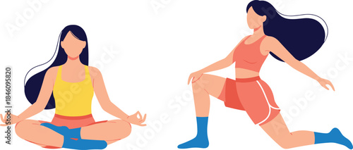 Meditation and stretching illustration, wellness activity, yoga pose, physical exercise, mindfulness practice, healthy lifestyle, faceless characters, fitness concept