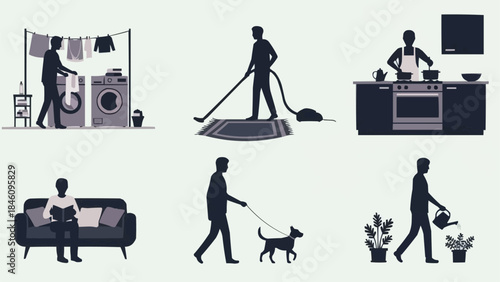 Silhouettes of people performing daily household chores and leisure activities.