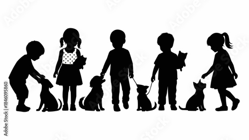 Children and pets silhouettes interacting in a playful scene.