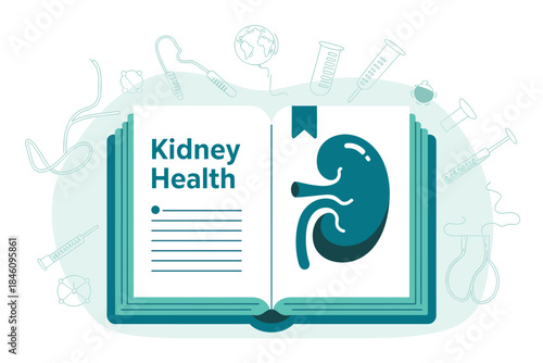 Kidney health education concept with medical icons and organ illustration