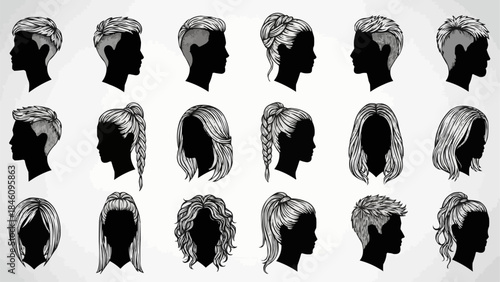 Collection of Diverse Hairstyles and Haircuts Showcased in Silhouette Profiles.