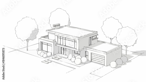 Modern Architectural House Design Sketch with Garage and Trees.