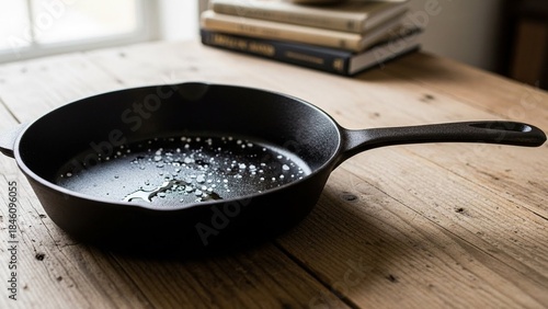 Black Cast Iron Skillet on Wooden Table