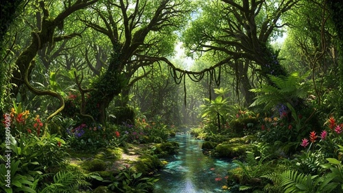 Lush Tropical Rainforest with Stream and Vibrant Flowers