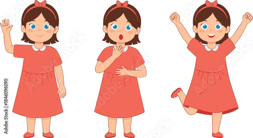 Cute little girl cartoon character set showing greeting, surprise and happy jumping emotions for kids illustration and education design