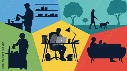 Diverse Lifestyle Activities Showcasing Work Leisure and Home Life.